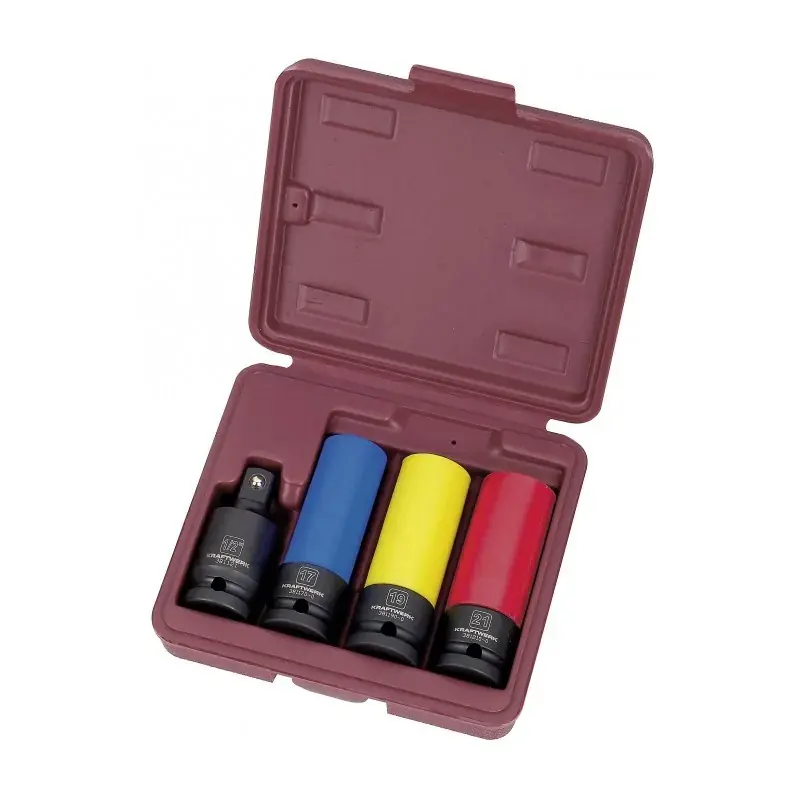 Coffret 4 Pièces de douilles à chocs 1/2" et Cardan pour jantes alu. KRAFTWERK 3083 Certifié