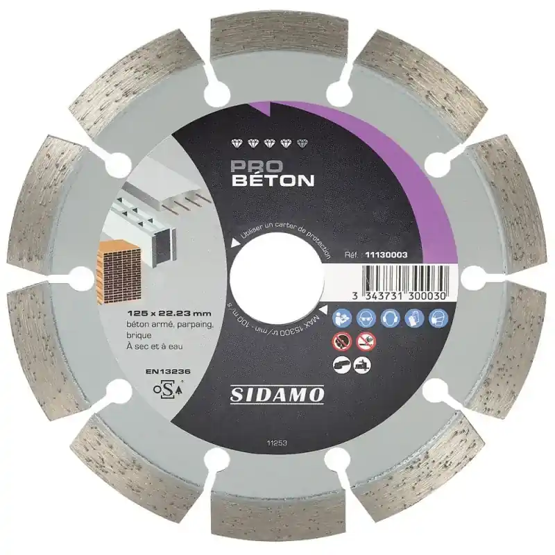 Disque Diamant à segment 125 mm / Alesage 22,23 mm PRO BETON Tronçonnage béton SIDAMO 11130003 Usine Directe