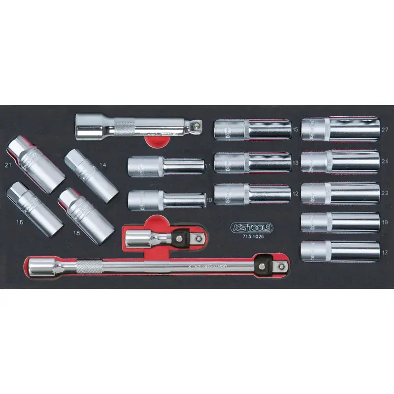 Expédié Aujourd'hui Module de douilles longues et accessoires 1/2", 17 pièces KS TOOLS 713.1026