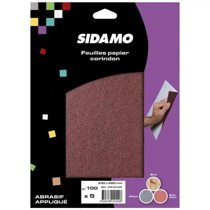Achat Immédiat Lot de 5 feuilles de papier corindon 230×280 – Grain 100 à 150 – SIDAMO
