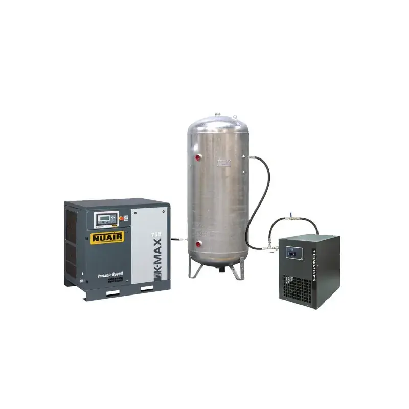 Compresseur d‘air à vis 20 CV, Réservoir 500 L vertical galvanisé, pression 10 bar, débit 126 m3/h, 400 V tri + sécheur NUAIR Authentique