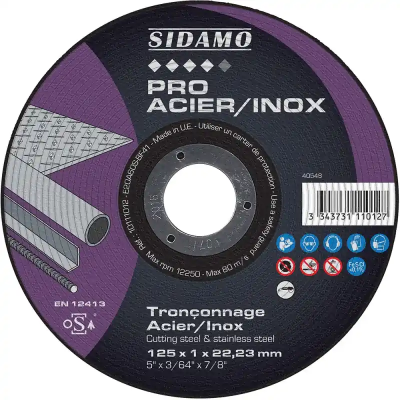 Super Prix LOT DE 25 DISQUES PRO ACIER INOX 125mm EP. 1 ALES.22.23MM MOYEU PLAT - SIDAMO
