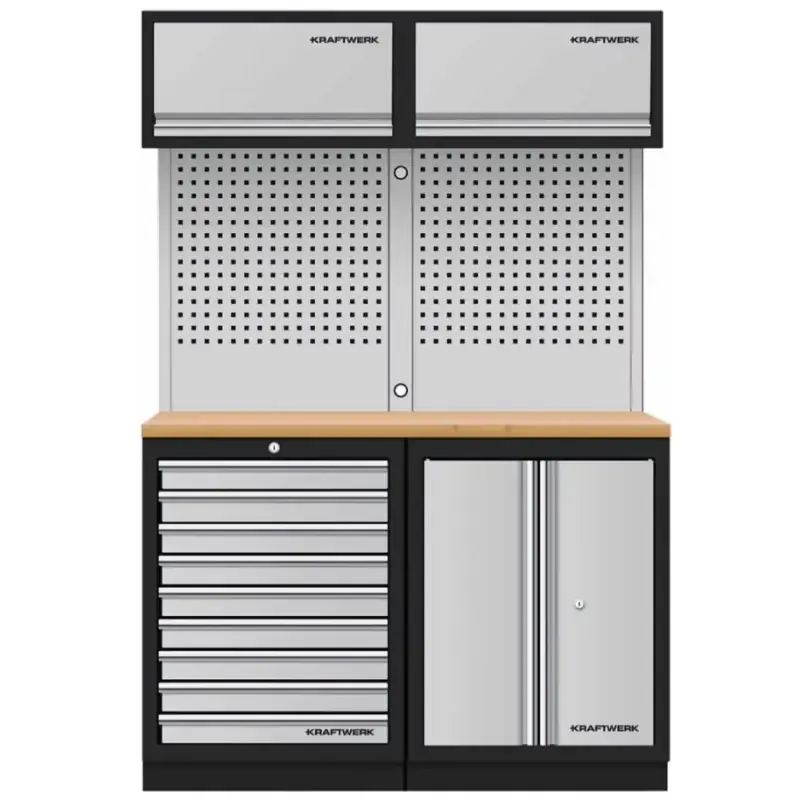 Meilleure Vente Mobilier d‘atelier 2 éléments combi-standard + panneaux perforés + 2 meubles hauts MOBILIO - KRAFTWERK 3964K-9S-K2