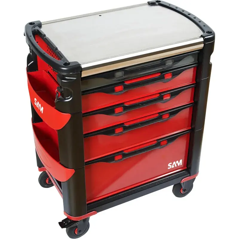 Servante 41 - 5 Tiroirs - Rouge - Plateau Inox Sam Outillage - 415H Livraison Express