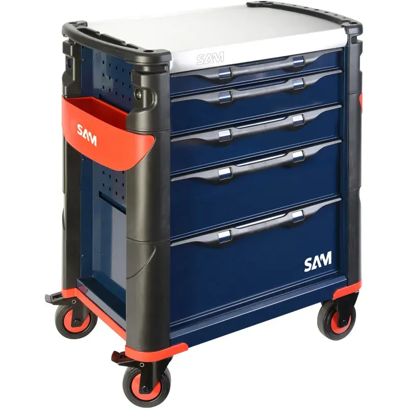 Promotion Saisonnière Servante 41 – 5 Tiroirs – Bleue – Plateau Inox Sam Outillage – 415Hb