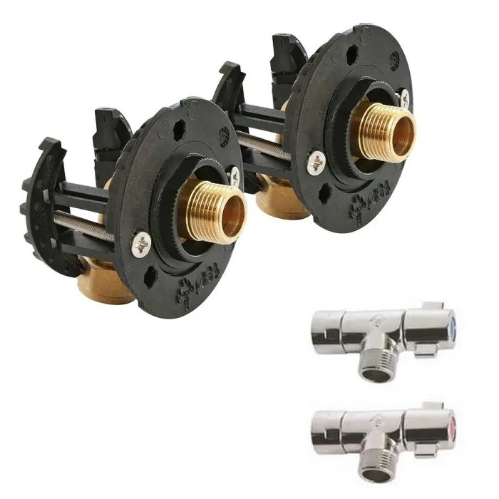 Usine Directe Kit avec robinets - Sortie de cloison FIXOPLAC lavabo/évier - raccord coudé PER à compression - Mâle 3/8" (12/17) Somatherm