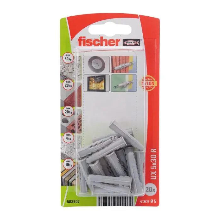 Boîte de 20 chevilles multi-matériaux UX avec collerette Ø5 x 30 mm R/20K NV - Fischer Nouveauté