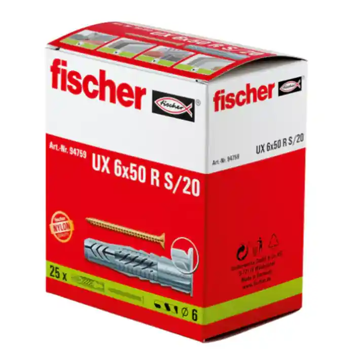 Offre Limitée Boîte de 25 chevilles multi-matériaux UX avec collerette Ø6 x 50 mm R S/20 + Vis Ø4,5 x 75 mm – Fischer