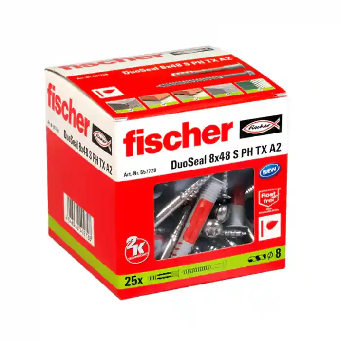 25 chevilles étanche DUOSEAL Ø8 x 48 mm SA2 + 25 vis d‘étanchéité à tête cylindrique Ø6 x 70 mm A2 - Fischer Seulement Aujourd'hui