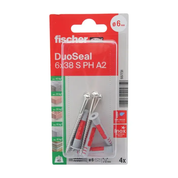 Remise 4 chevilles étanches DUOSEAL Ø6 x 38 mm SA2 + 4 vis d‘étanchéité à tête cylindrique Ø4,5 x 60 mm A2 - Fischer