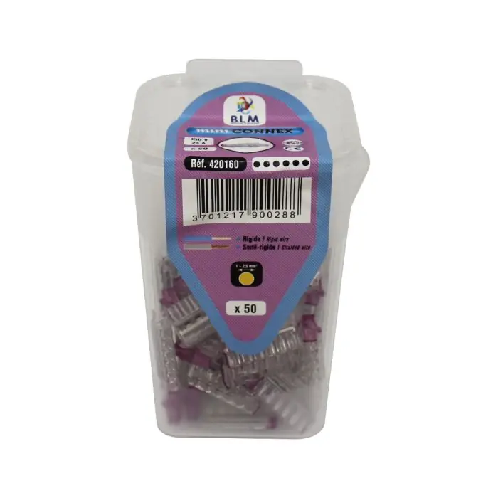 Boîte de 50 connecteurs auto-transparents 6 entrées bleue Mini Connex (boîtes réutilisable) pour fils rigides et semi-rigides de 0,5 à 2,5mm² Commander Vite