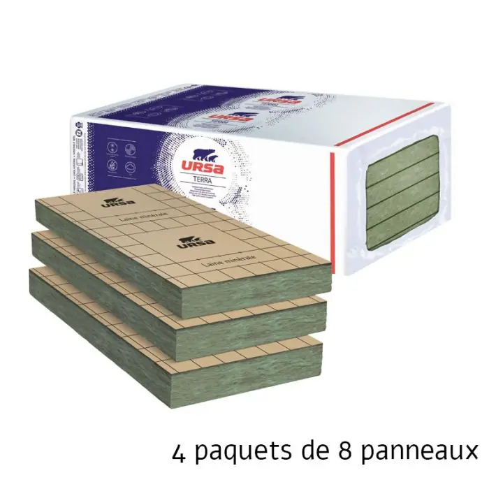 Solde 4 paquets de 8 panneaux Laine de verre S.R PRK 32 Revêtu – Panneau 6m²48 – 75 mm – R 2.30 – Soit 25,92 m² – Ursa