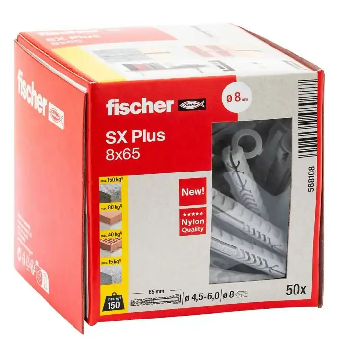 50 chevilles à expansion SX Plus nylon collerette Ø8 x 65 mm - Fischer Nouvel Arrivage