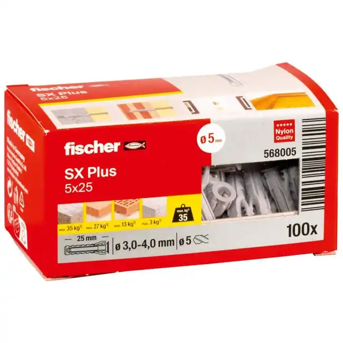 Marque 100 chevilles à expansion nylon SX Plus Ø5 x 25 mm – Fischer