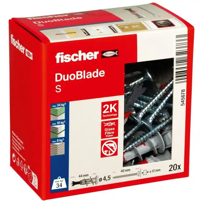 Nouveauté Boite de 20 chevilles bi-matière autoforeuse DUOBLADE S + 20 Vis - Fischer