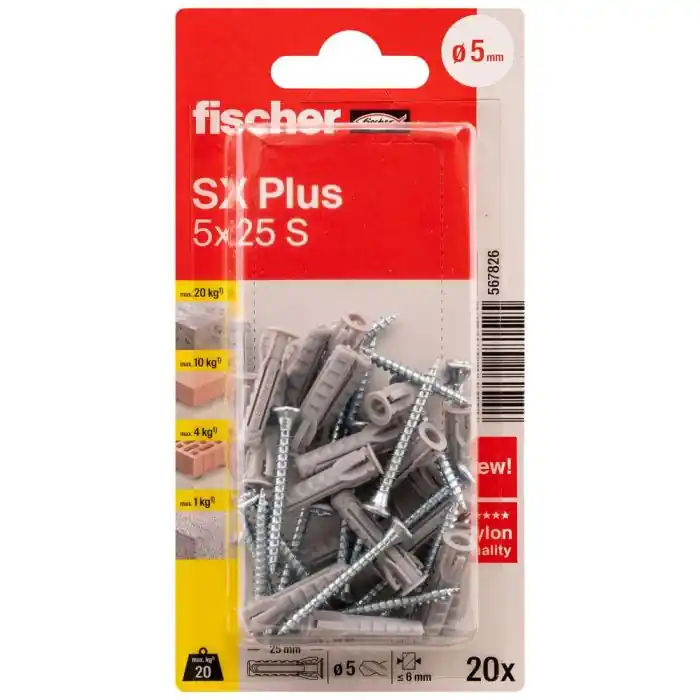 Blister de 20 chevilles expansion nylon + 20 Vis SX Plus Ø5 x 25 mm S - Fischer Prix Cassé