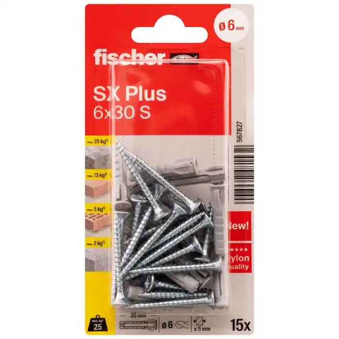 Dernier Modèle Blister de 15 chevilles expansion nylon + 15 Vis SX Plus Ø6 x 30 mm S - Fischer