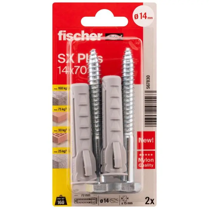 Blister de 2 chevilles expansion nylon + 2 Vis SX Plus Ø14 x 70 mm S - Fischer Pas Cher