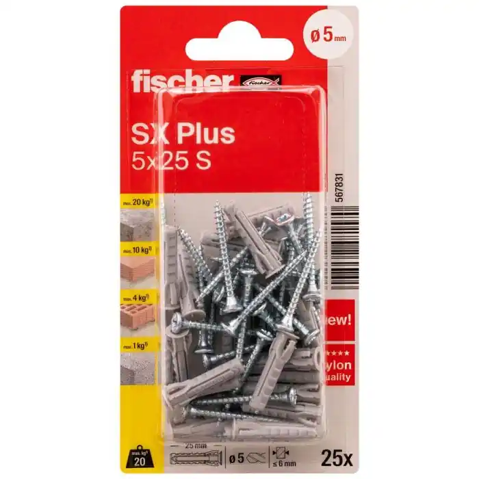 Blister de 25 chevilles expansion nylon + 25 Vis SX Plus Ø5 x 25 mm S - Fischer Pas Cher