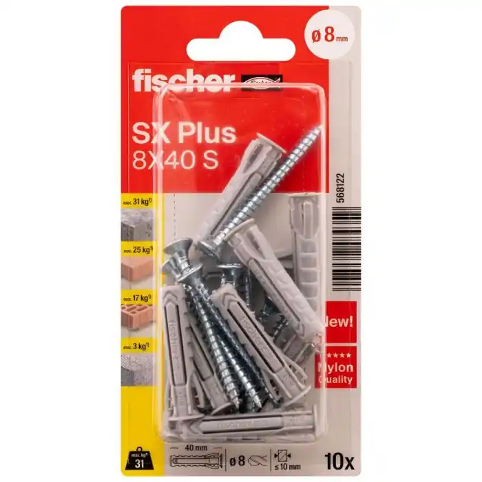 Nouvelle Collection Blister de 10 chevilles expansion nylon + 10 Vis SX Plus Ø8 x 40 mm S - Fischer