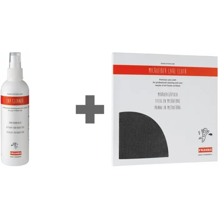 Set d‘entretien nettoyant pour mitigeur Inox et Chrome (flacon de 250 ml) + chiffon en microfibre – Franke Nouvelle Collection