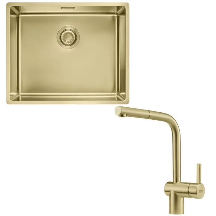 Pack cuve Mythos MasterPiece inox 540 x 450 x 200 mm + mitigeur Atlas Néo reflet d‘or douchette – Franke Offre Spéciale