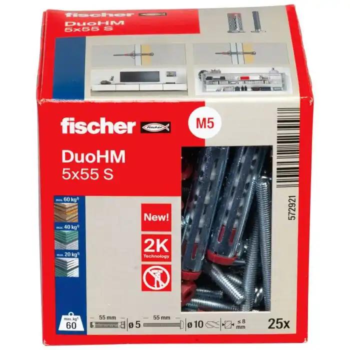 Boîte de 25 chevilles métallique DuoHM 5 x 55 mm avec vis cylindrique PZ – Fischer Petit Prix