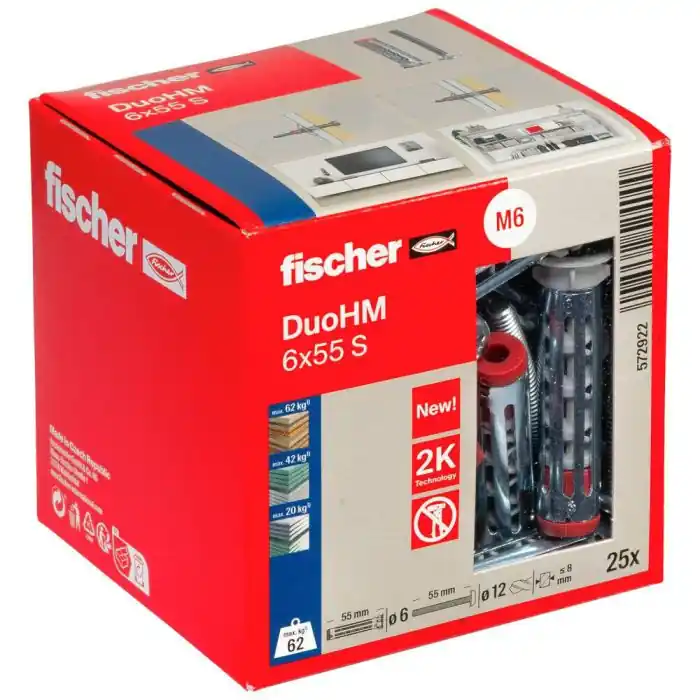 Boîte de 25 chevilles métallique DuoHM 6 x 55 mm avec vis cylindrique PZ – Fischer Prix Choc