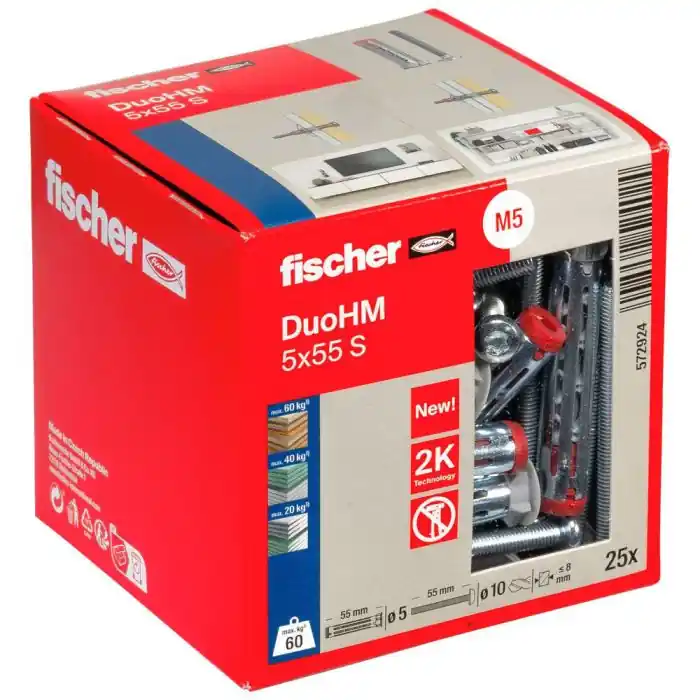 Boîte de 25 chevilles métallique DuoHM 5 x 55 mm avec vis cyclindrique TX - Fischer Remise