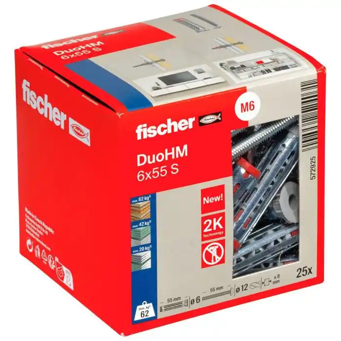 25 chevilles métalliques DuoHM 6 x 55 mm avec vis cylindrique TX – Fischer Prix Bas