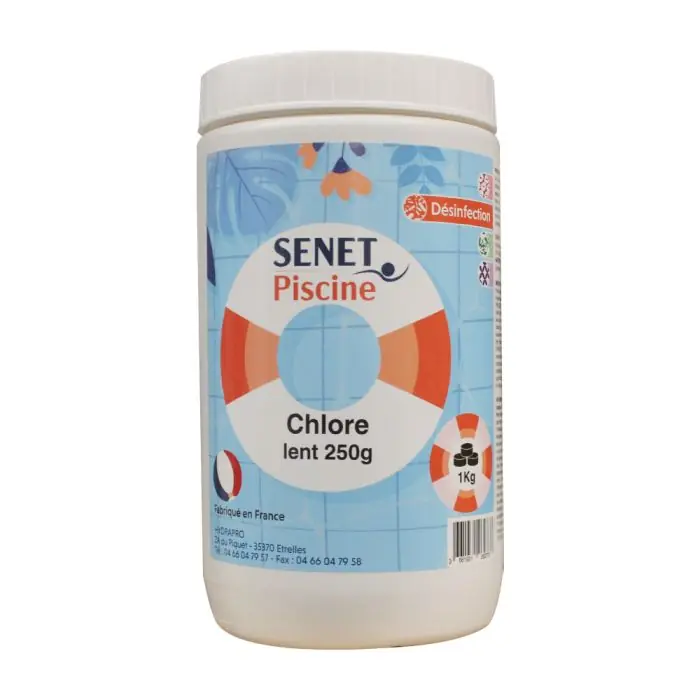 Chlore lent 250g - Boite de 1Kg - SENET Piscine Prix Choc