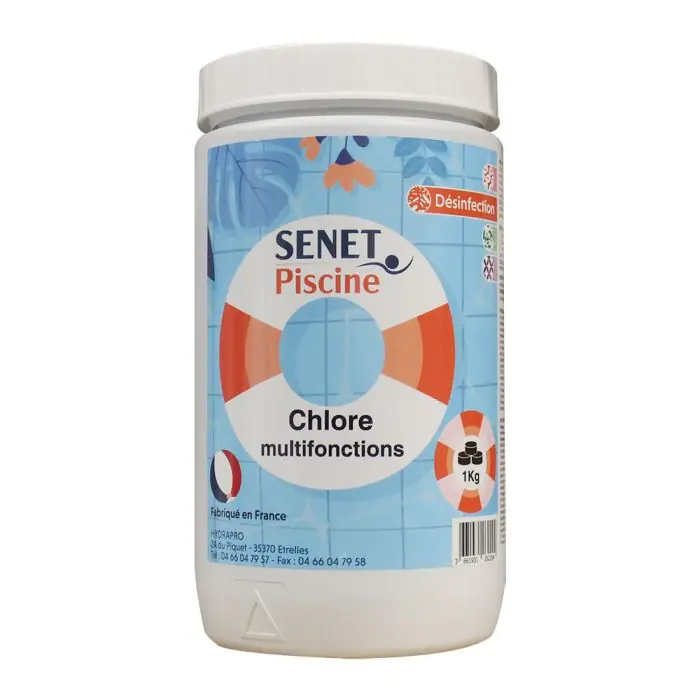 Commander Maintenant Chlore multifonctions désinfectant, galet de 250 g – Boîte de 1Kg – SENET Piscine