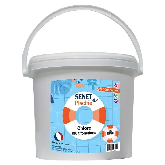 Chlore multifonctions désinfectant, galet de 250 g - Seau de 25 Kg - SENET Piscine Retour Gratuit