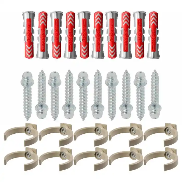Ensemble de 10 colliers tube de descente Ø50 Sable + 10 Vis 7×40 mm + 10 Chevilles DuoPower 8×40 mm – Arcanaute Super Prix