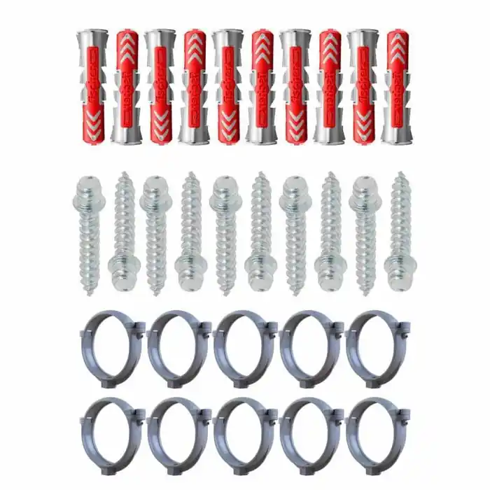 Ensemble de 10 colliers tube de descente Ø80 Zinc + 10 Vis 7x40mm + 10 Chevilles Duopower 8x40mm – Arcanaute Authentique