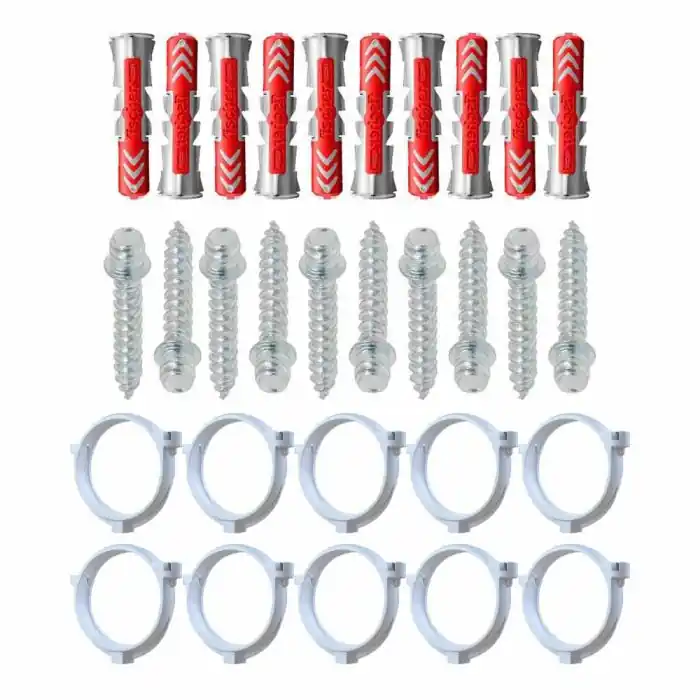 Ensemble de 10 colliers tube de descente Ø80 Blanc + 10 Vis 7x40mm + 10 Chevilles Duopower 8x40mm – Arcanaute Promotion Saisonnière