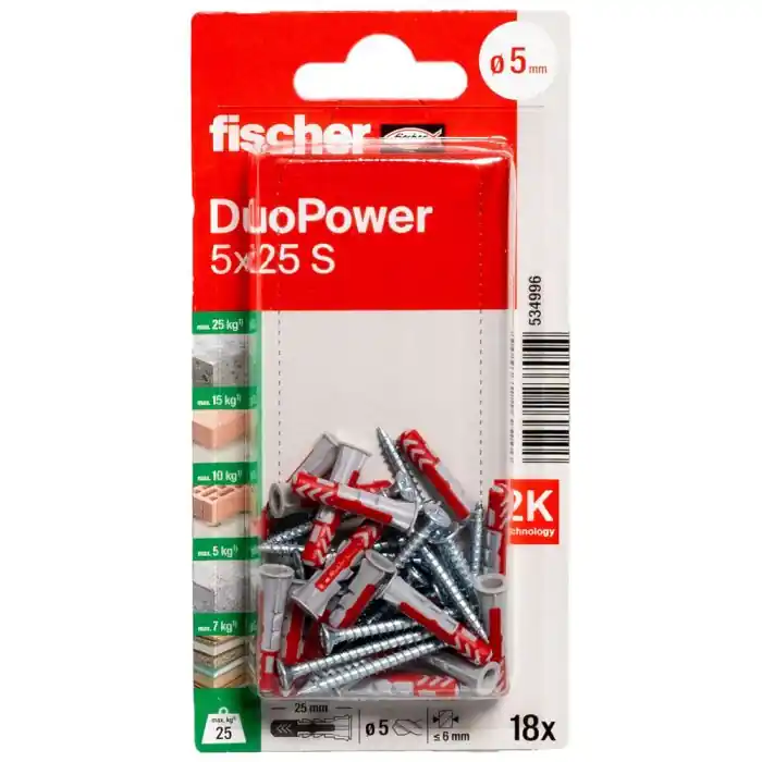 Affaire À Saisir 18 chevilles DuoPower Ø5 x 25 mm avec 18 vis TF POZI Ø3,5 x 30 mm - Fischer