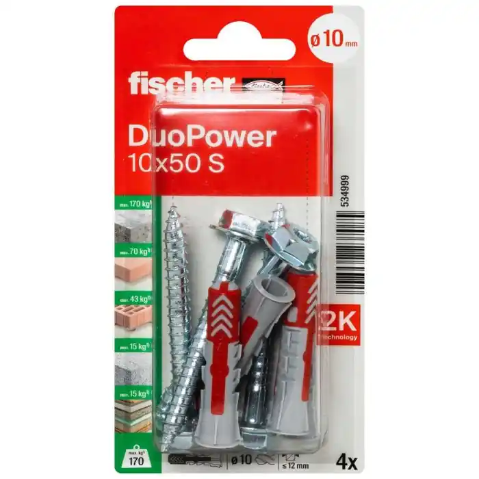 4 chevilles DuoPower Ø10 x 50 mm avec 4 vis TH Ø7 x 65 mm - Fischer Must-Have