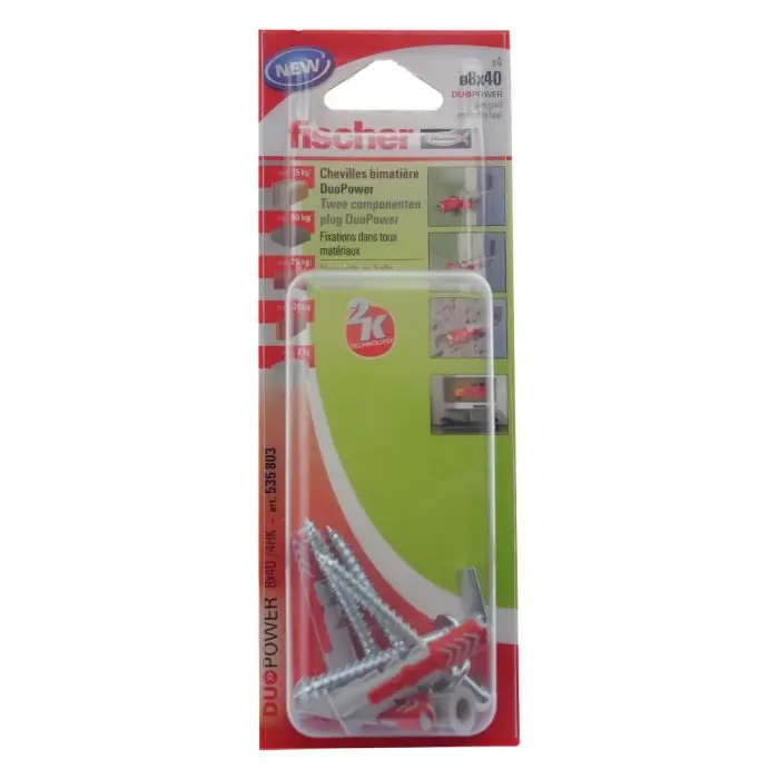 4 chevilles DuoPower Ø8 x 40 mm avec 4 gonds - Fischer Retour Gratuit