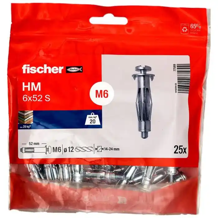 Paiement Sécurisé 25 chevilles métalliques HM 6 x 52 mm avec vis 6 x 60 mm - Fischer