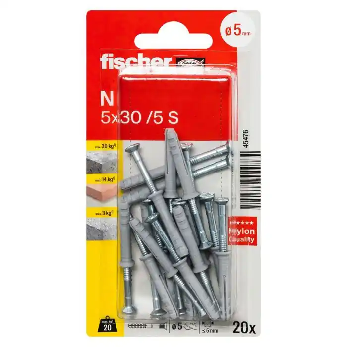 Promotion 20 chevilles à frapper N Ø5 x 30 mm collerette plate et clou tête fraisée pour structures en bois - Fischer