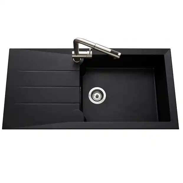 Authentique Évier de cuisine granité noir MAJORQUE – L 1000 x l 500 mm X P 215 – sous-meuble 50 cm – Aquatop