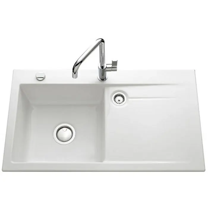 Seulement Aujourd&rsquo;hui Évier de cuisine blanc STEMA égouttoir à gauche – L 900 x l 510 x P 200 mm – Sous-meuble 60 cm – Aquatop