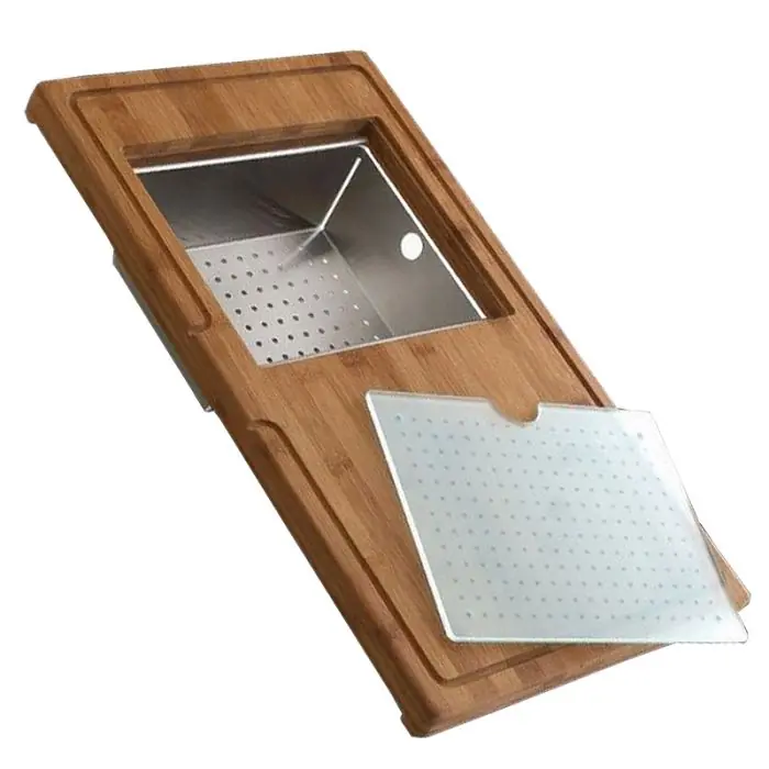 Prix Bas Planche complète en bambou avec vide-sauce inox et planche en verre – L 540 x l 320 x P 30 mm – Aquatop