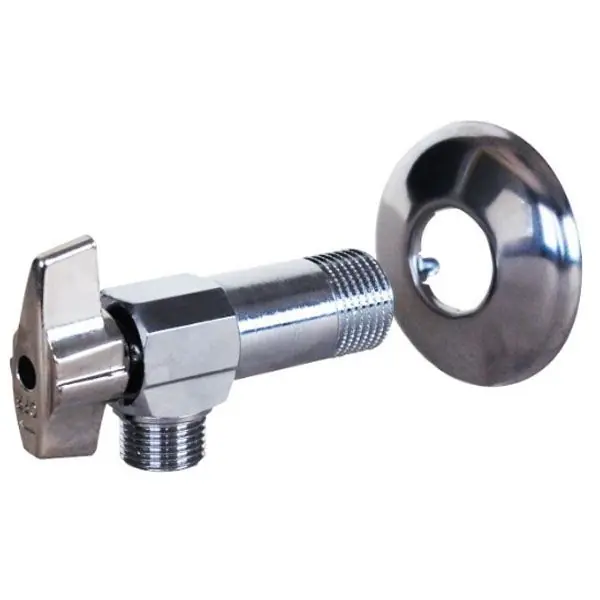 Vanne à sphère équerre laiton chromé pour lavabo M1/2" (15/21) + rosace Ø55mm - sortie M1/2" (15/21) - Sferaco Usine Directe