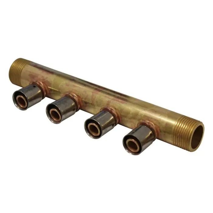 Haute Qualité Collecteur à Sertir PER entraxe 40mm Ø3/4" (20/27) Mâle Mâle - 4 Piquages Ø12 avec ses Bagues - Arcanaute