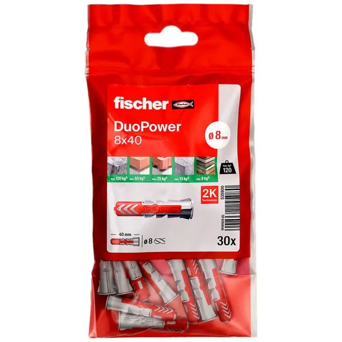 30 chevilles bi-matière DUOPOWER Ø8 x 40 mm sans vis – Fischer Usine Directe