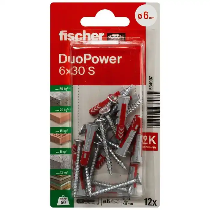 12 chevilles tous matériaux fischer DUOPOWER Ø6 x 30 mm S avec vis Ø4,5 x 40 mm – Fischer Meilleure Vente