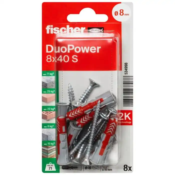 8 chevilles tous matériaux fischer DUOPOWER Ø8 x 40 mm S avec vis Ø5 x 55 mm – Fischer Acheter En Ligne