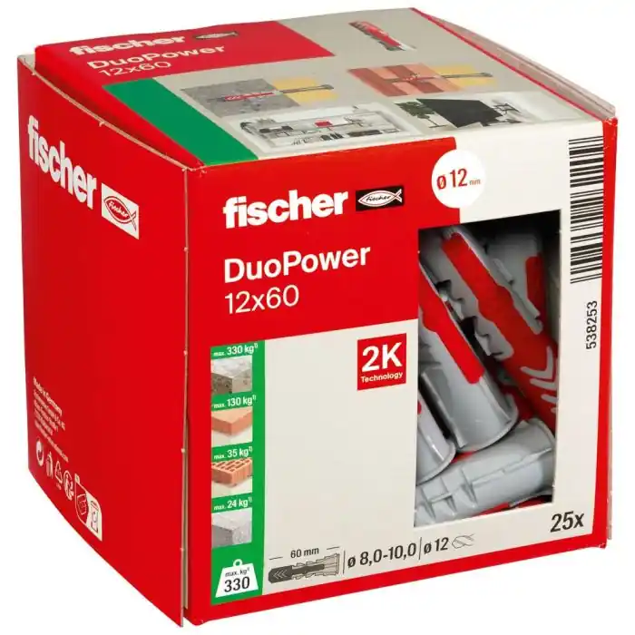 Prix Réduit 25 chevilles bi-matière DUOPOWER Ø12 x 60 mm sans vis, boîte à fenêtre – Fischer